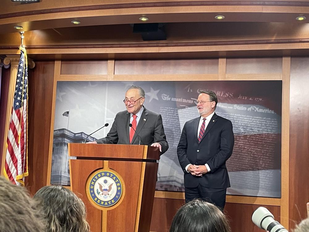  U.S. Senate Majority Leader Chuck Schumer and Sen. Gary Peters of Michigan, the chair of the Democratic Senatorial Campaign Committee, talk to reporters at the U.S. Capitol the morning after Sen. Raphael Warnock won the Georgia Senate runoff. Ariana Figueroa/States Newsroom