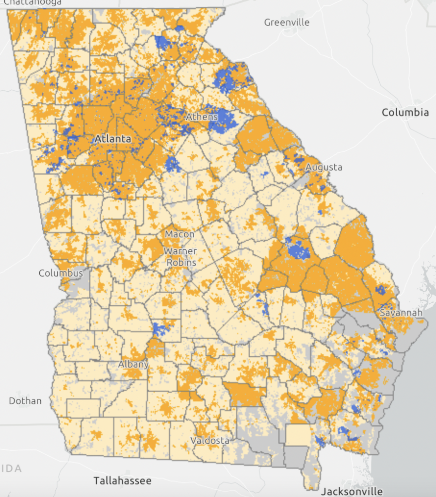 Georgia’s Broadband Availability Map shows areas lacking broadband service in light yellow. (courtesy Georgia Broadband Office) 