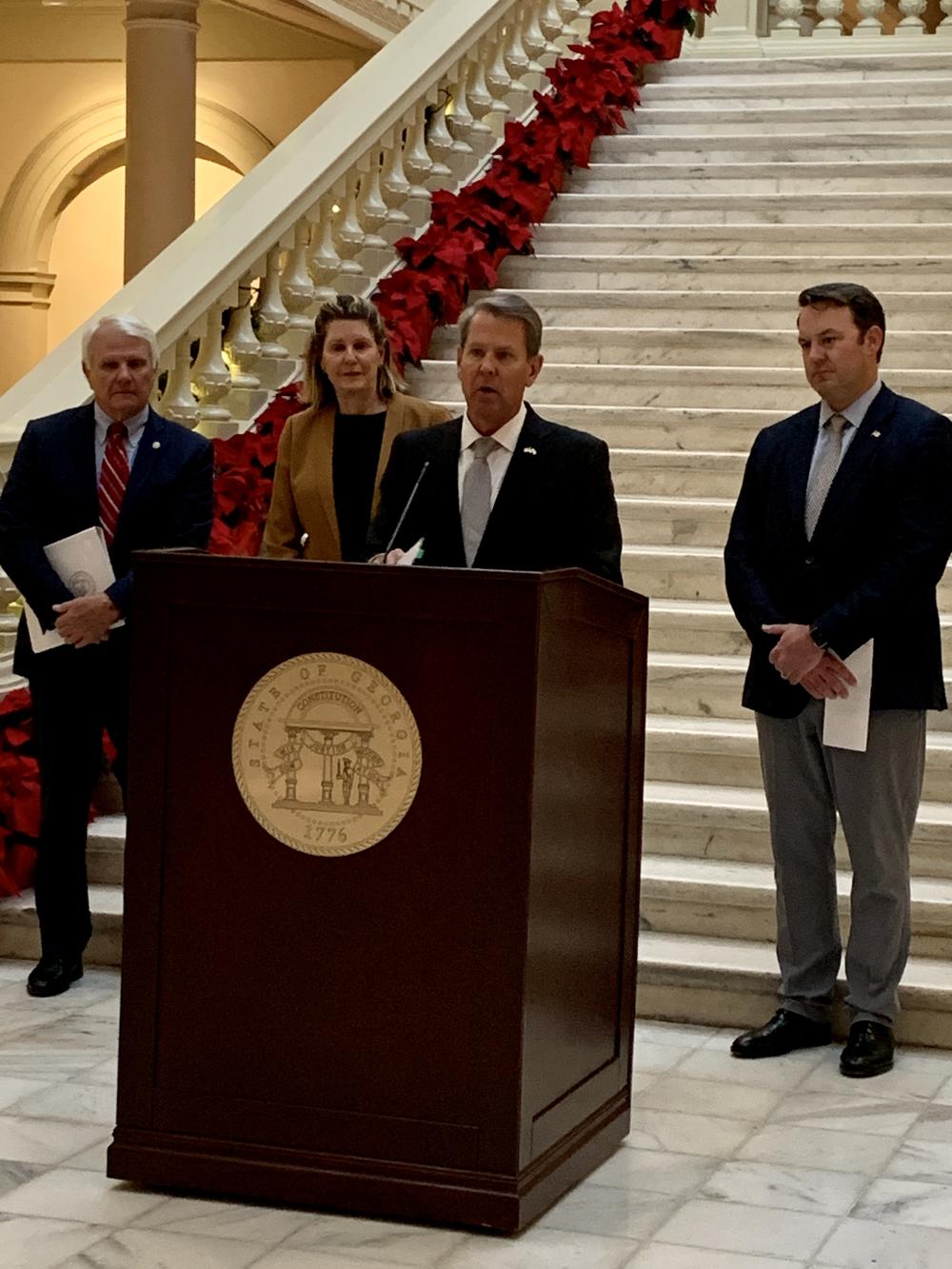 Gov. Brian Kemp speaks about inflation and legislative priorities at the Georgia State Capitol on Dec. 8, 2022