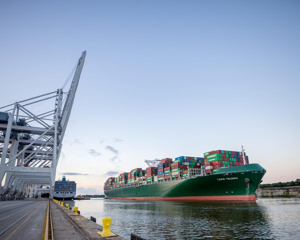 A container ship is seen near a terminal at the Port of Savannah.