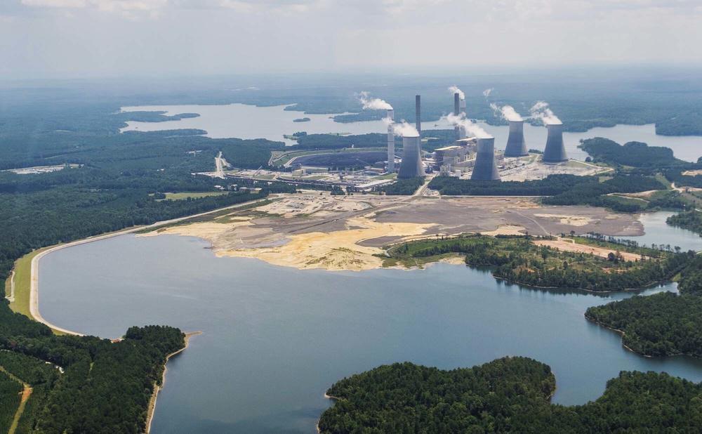 Georgia Power's Plant Scherer with the coal ash pond where residuals from burning coal at the plant are stored. The pond goes to depths of 80 feet in some places and comes into contact with groundwater.