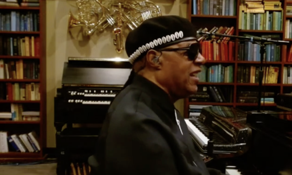 Stevie Wonder performs an online concert for Sen. Warnock's supporters on YouTube on Dec. 4, 2022.