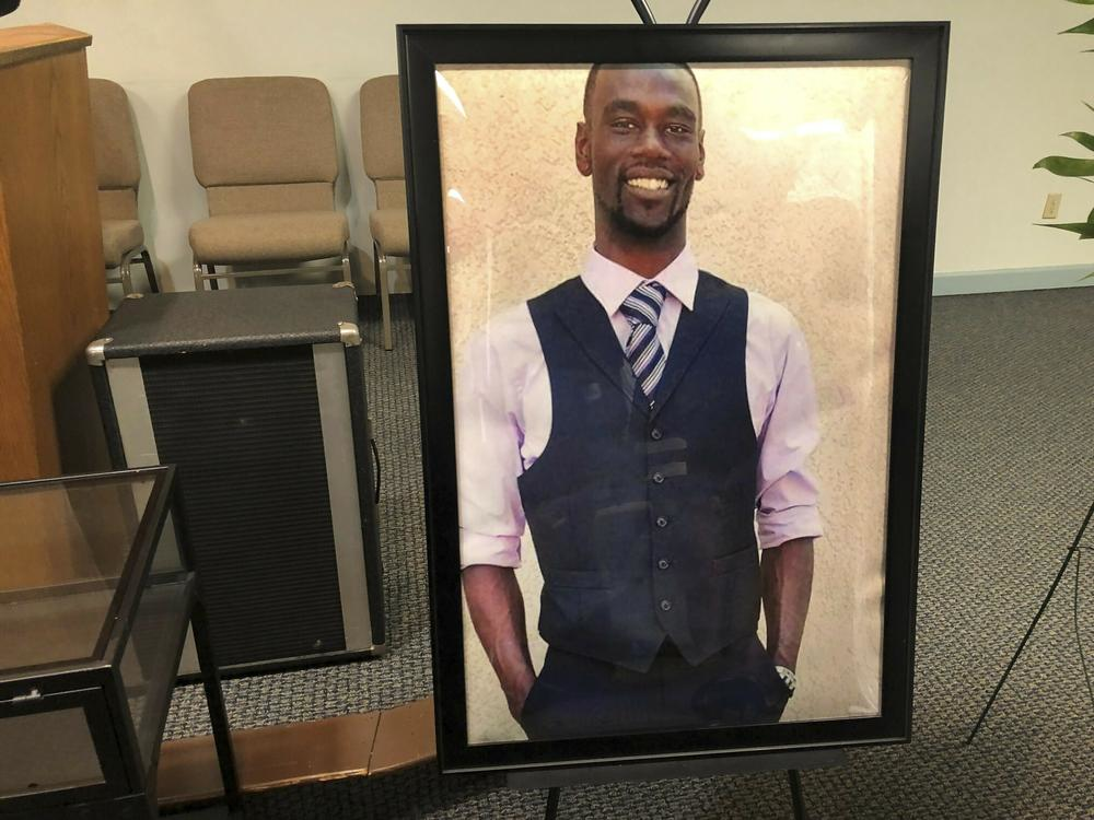 A portrait of Tyre Nichols is displayed at a memorial service for him on Tuesday, Jan. 17, 2023 in Memphis, Tenn. Nichols was killed during a traffic stop with Memphis Police on Jan. 7.  (AP Photo/Adrian Sainz)