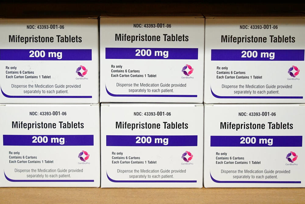 Boxes of the drug mifepristone sit on a shelf at the West Alabama Women's Center in Tuscaloosa, Ala., on March 16, 2022. Lawsuits have been filed in West Virginia and North Carolina challenging the states' restrictions on the use of abortion pills.