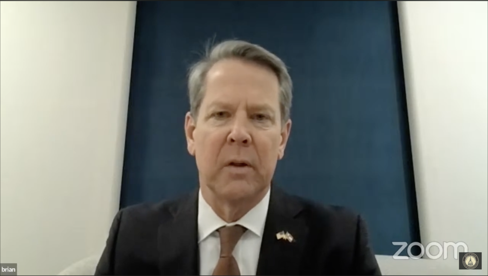 Gov. Brian Kemp addresses legislative hearings on his $32.5 billion budget proposal remotely from Davos, Switzerland.