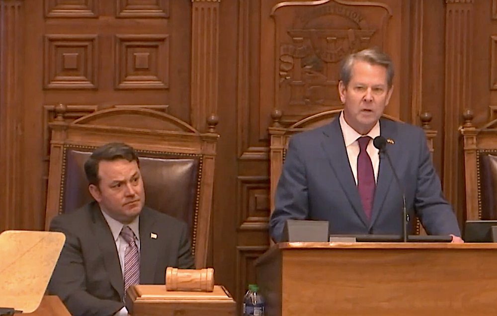 Georgia Governor Kemp delivers the 2023 State of the State address on Jan. 26 as Lt. Gov. Burt Jones looks on.