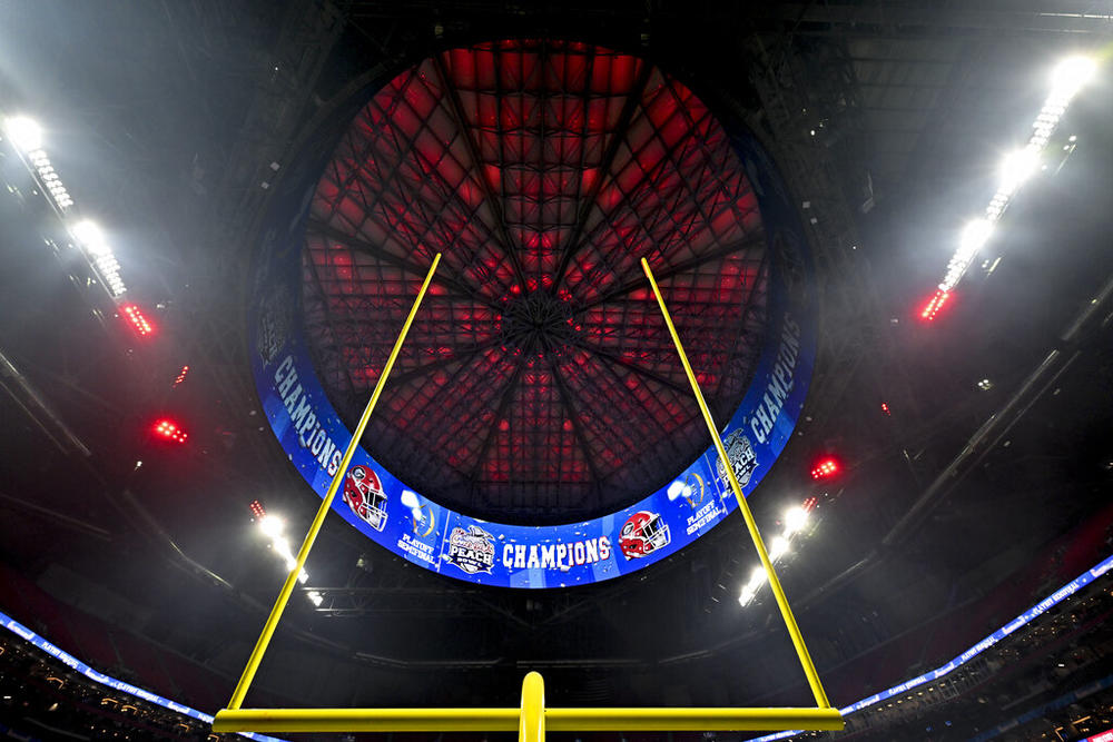 The Mercedes-Benz stadium is seen after the Peach Bowl NCAA college football semifinal playoff game between Georgia and Ohio State, Sunday, Jan. 1, 2023, in Atlanta. Georgia won 42-41.