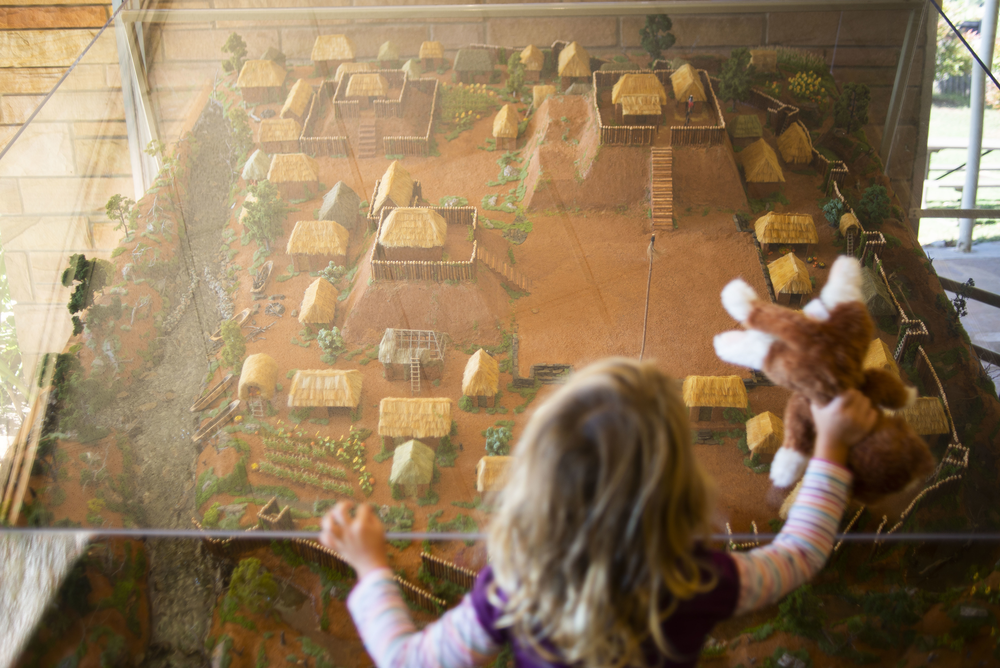 A diorama in the Etowah Mounds museum of how the site may have looked at its peak. Years ago the diorama replaced a cast of the remains of a women buried at the site. The cast once replaced the woman's actual remains. 