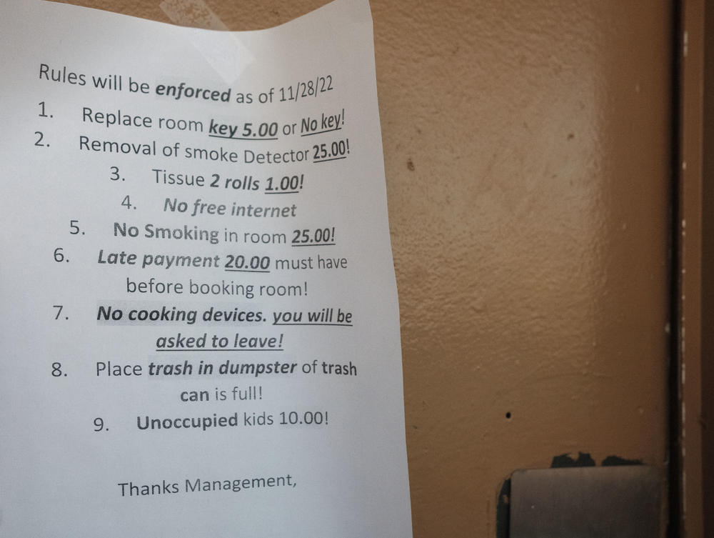 The fees and rules of the motel where Keisha Gibson and her kids live. 