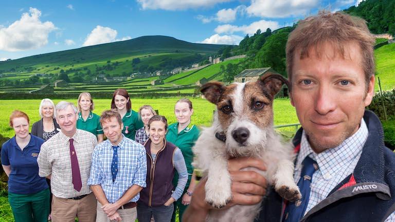 The cast of The Yorkshire Vet and a dog.