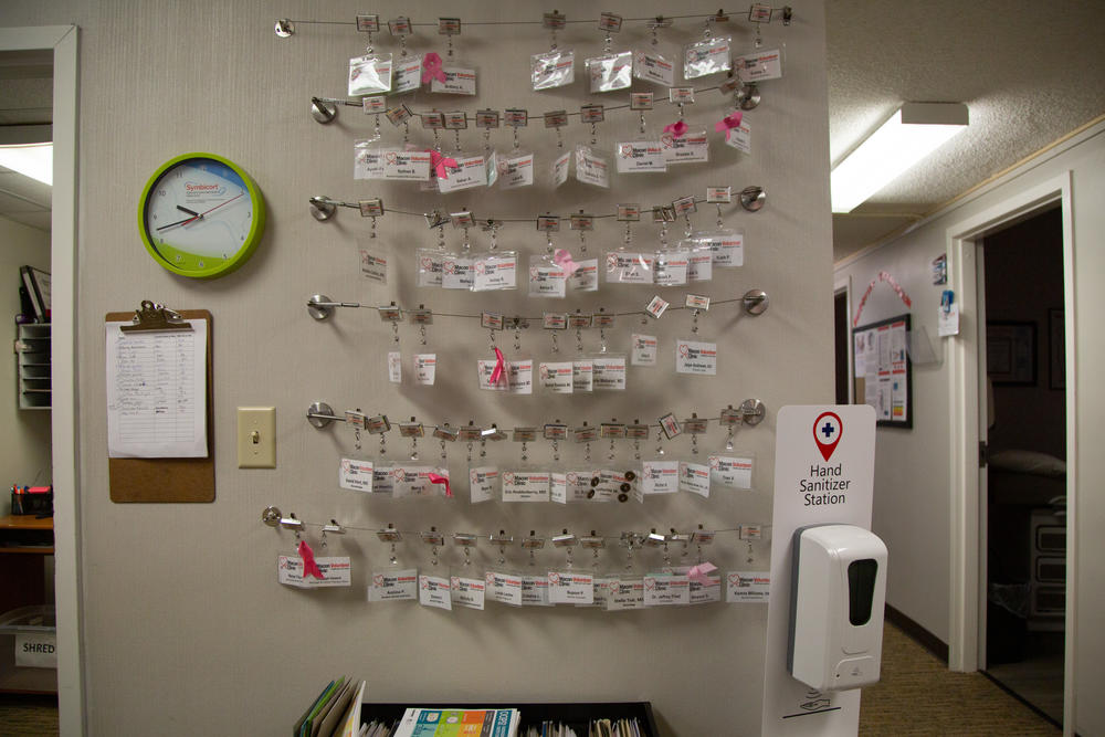 Volunteer name tags at the Macon Volunteer Clinic. The clinic relies on volunteer physicians to provide free care to working, low-income people who don't qualify for insurance.