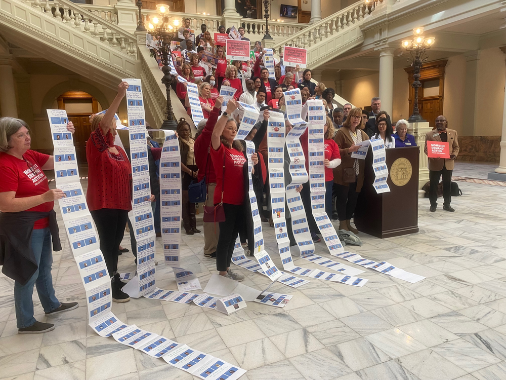 On Day 17 of teh 2023 legislative session, Georgia lawmakers speak as advocates display names of people affected by gun violence  in the state.