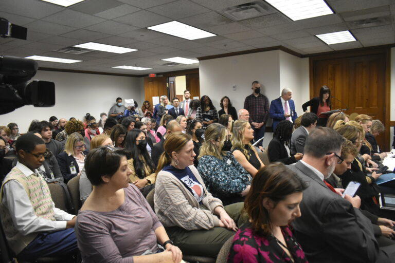  Would-be commenters crowded into a committee room to speak on a bill limiting teacher discussion on LGBTQ issues, but time ran out before they could speak. Ross Williams/Georgia Recorder