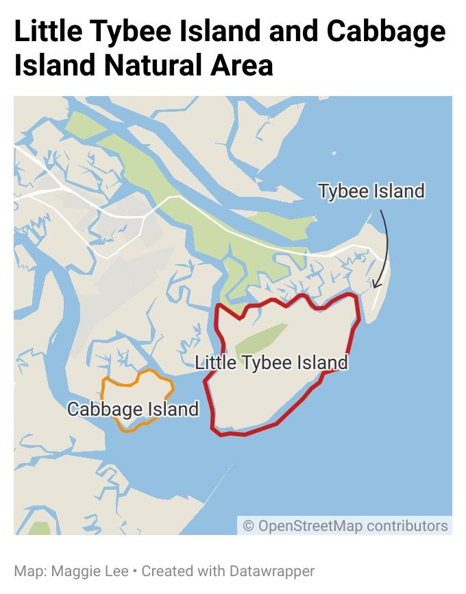  Chatham County Georgia's coast: Northernmost is Tybee Island, below it is Little Tybee, then southwest is Cabbage Island Little Tybee and Cabbage Islands natural Area form a state Heritage Preserve at the north end of the Georgia coast. 