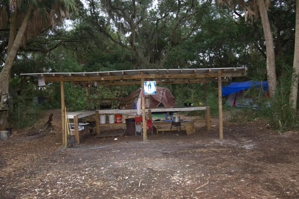 A fully stocked “kitchen” stood on Twin Palms in mid-January. Three tents had been set up behind it. The Georgia Department of Natural Resources hired a contractor to begin removing any remaining structures on Feb. 13. 