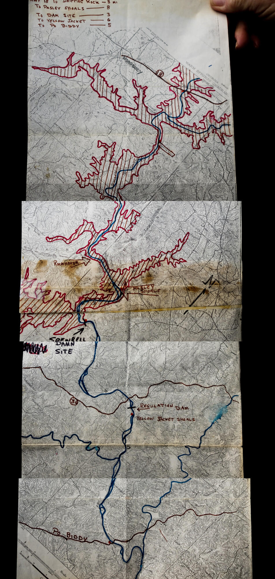 An approximately 50-year-old map of the Sprewell Bluff Dam project on the Flint River made by Tom Morgan and now owned by his daughter Janet Morgan Mapel.