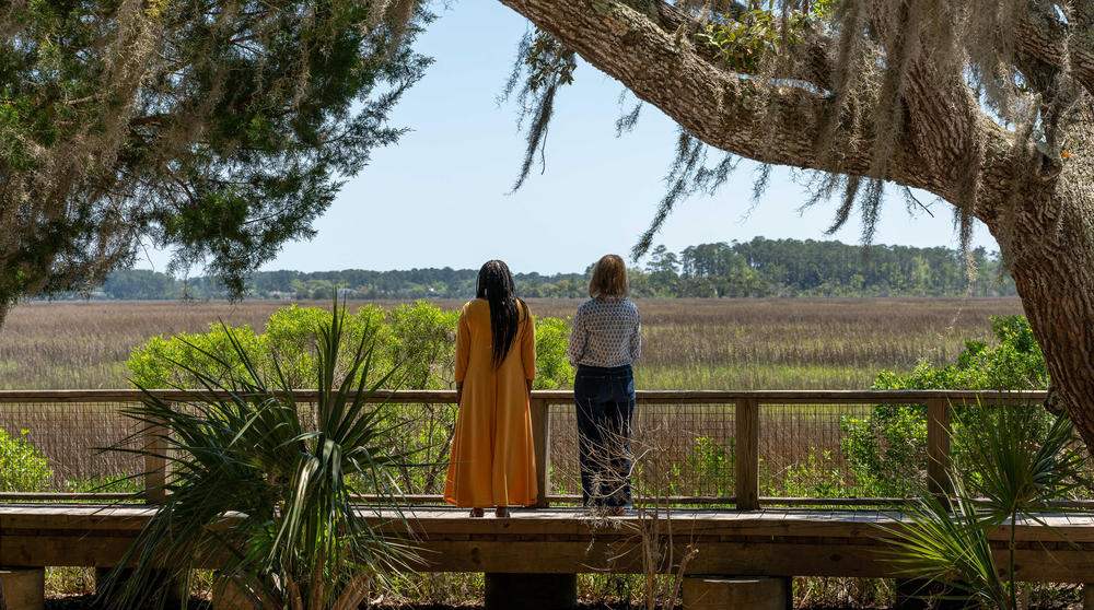 Two women look at the landscape with their backs to the camera.
