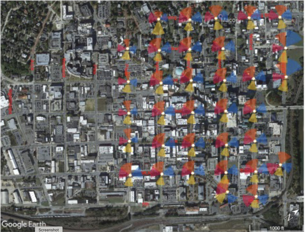 A map of the proposed camera surveillance system in downtown Macon. Martin Luther King Jr. Boulevard is at the bottom of the map and the Ocmulgee River is to the right. 
