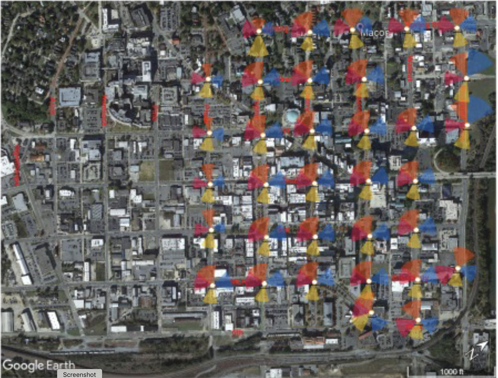 A map of the proposed camera surveillance system in downtown Macon. Martin Luther King Jr. Boulevard is at the bottom of the map and the Ocmulgee River is to the right. 