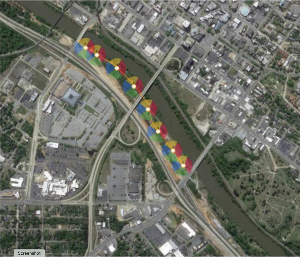 The proposed location of surveillance cameras along the Ocmulgee Heritage Trail in Macon. 