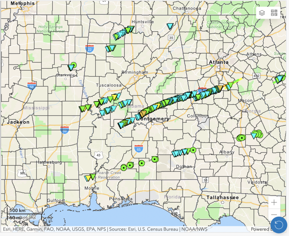 An interactive map shows multiple lines of storms moving across Alabama and Georgia on Jan. 12, 2023