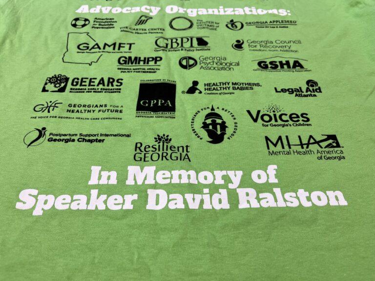  Mental health advocates wore green shirts honoring the late House Speaker David Ralston, who was a big driving force behind last year’s behavioral health parity bill. Jill Nolin/Georgia Recorder
