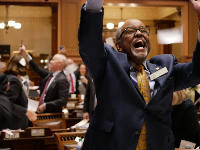  State Rep. Al Williams, a Midway Democrat, celebrates as the 2023 legislative session ends. Aaleah McConnell/Georgia Recorder