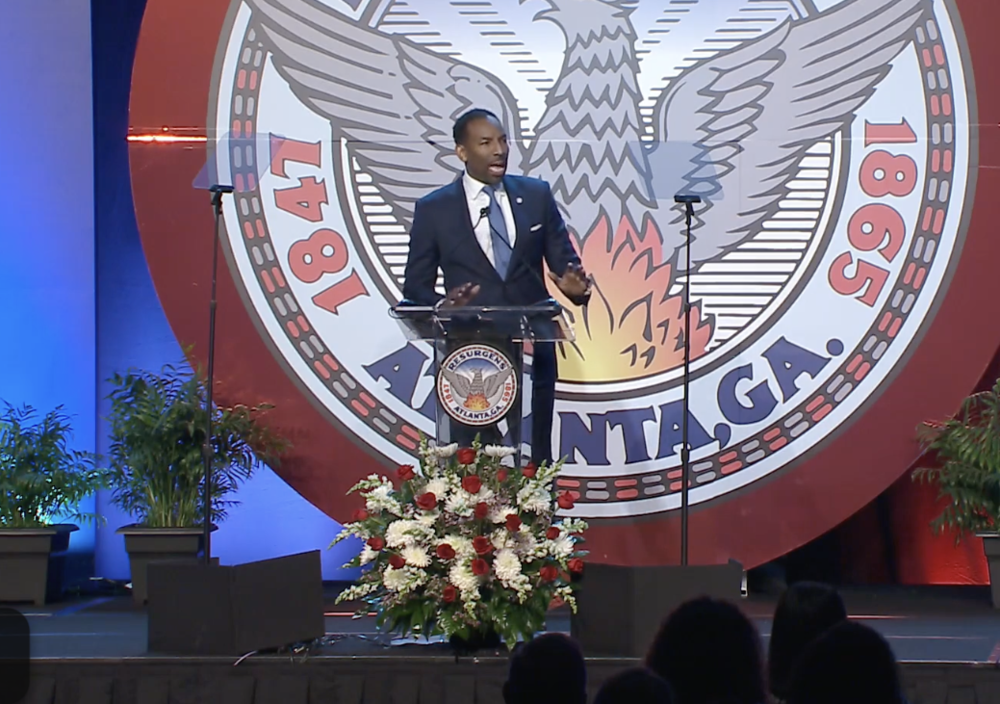 Atlanta Mayor Andre Dickens speaks at the annual State of the City address in downtown Atlanta on March 28, 2023.