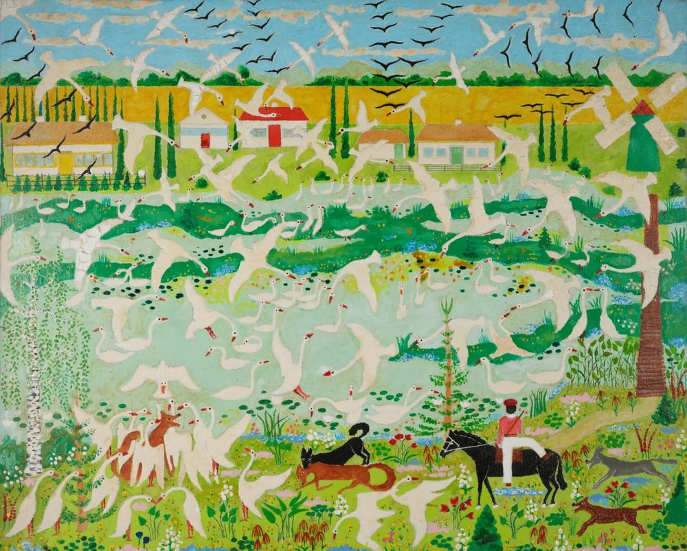 George Voronovsky (Ukrainian-American, 1903–1982), Untitled (Flock of Geese), 1978–1982, acrylic on canvas, 24 x 30 inches, courtesy of the Monroe Family Collection. © George Voronovsky. Photo courtesy of High Museum of Art.