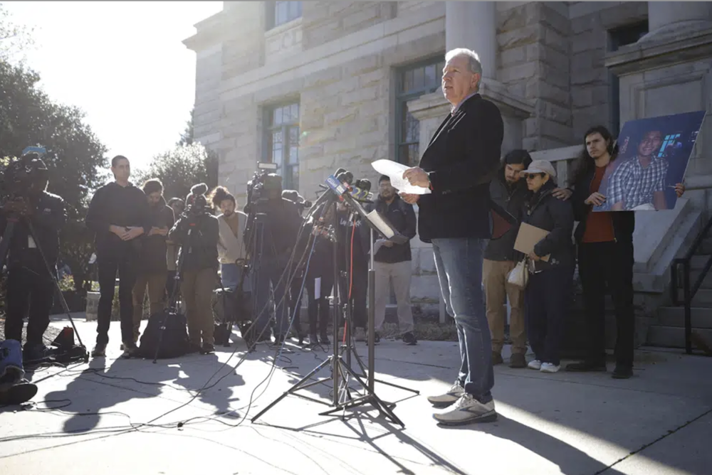 Joel Paez, father of Manuel Esteban Paez Terán, speaks during a press conference, Monday, March 13, 2023, in Decatur, Ga. A press conference was held to give additional autopsy findings in Terán's death. (AP Photo/Alex Slitz)