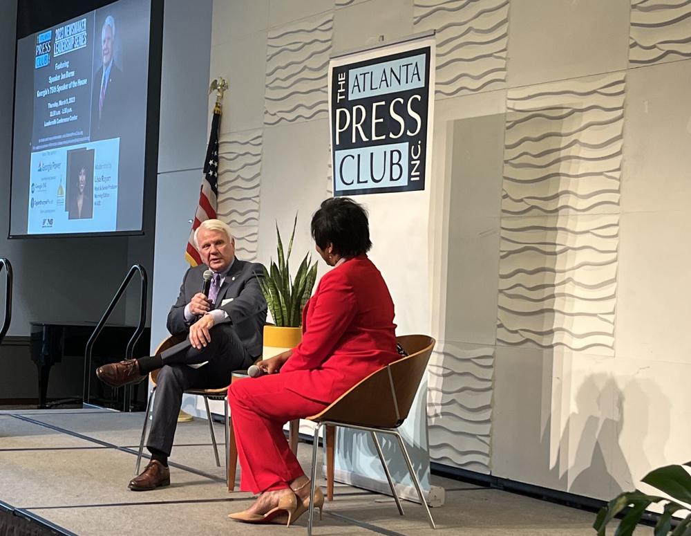  House Speaker Jon Burns speaks at an Atlanta Press Club event during his first session presiding over the House of Representatives. WABE host Lisa Rayam posed the questions. Jill Nolin/Georgia Recorder