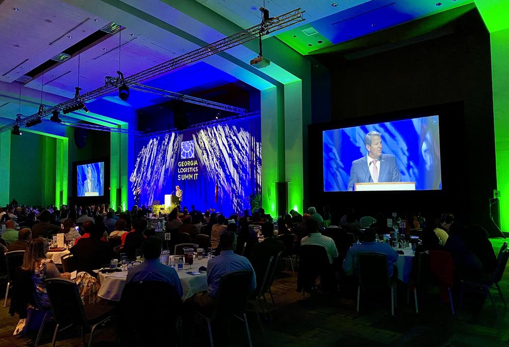 Georgia Gov. Brian Kemp speaks at the Georgia Logistics Summit at the Savannah Convention Center on March 8, 2023.