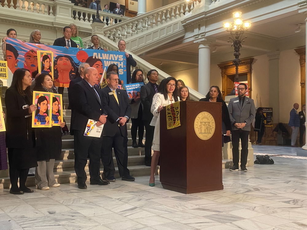Rep. Michelle Au speaks at the Georgia State Capitol on March 16, 2023, two years after six Asian women and two others were shot and killed in spa shootings in 2021