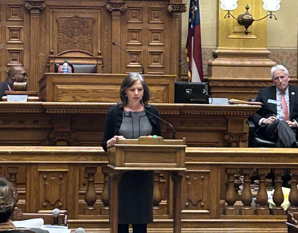 State Sen. Sally Harrell, D-Atlanta, spoke against a bill that would bar gender-affirming hormone therapy or surgery for transgender Georgia youth. 