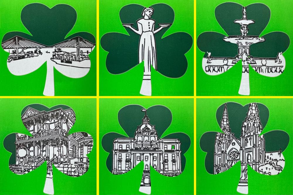 A collage of the six Savannah landmarks as illustrated on the cup.