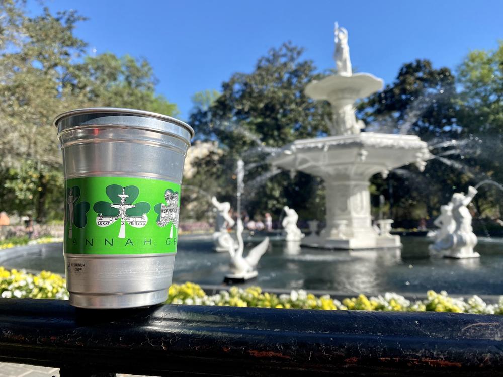 The new Savannah St. Patrick's Day parade “to-go” cup features illustrations of six local landmarks, including the Forsyth Park fountain.
