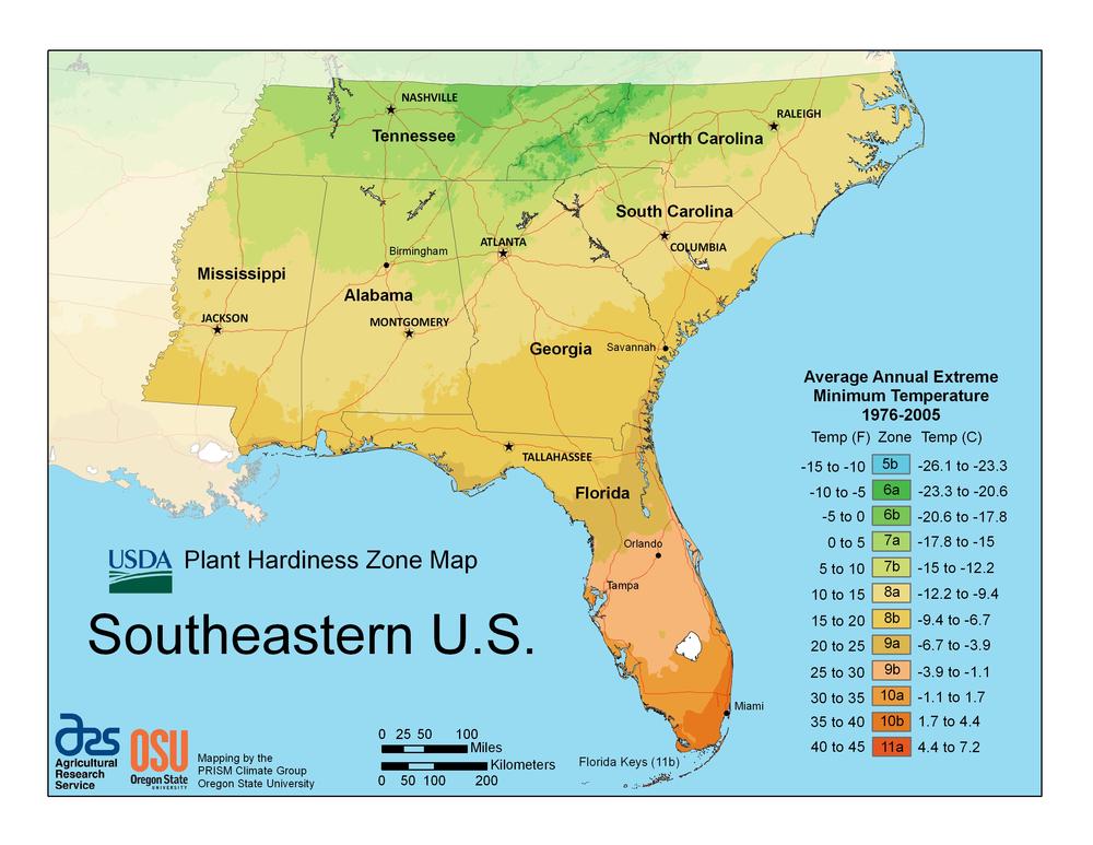 The USDA Hardiness Zones map shows the temperature variations across the state of Georgia.