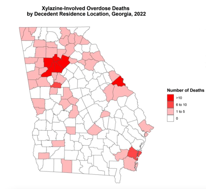 The Georgia Department of Health mapped Xylazine-related overdose deaths in 2022. One to five deaths each were reported in Middle Georgia counties including Bibb, Crawford, Monroe and Peach counties.