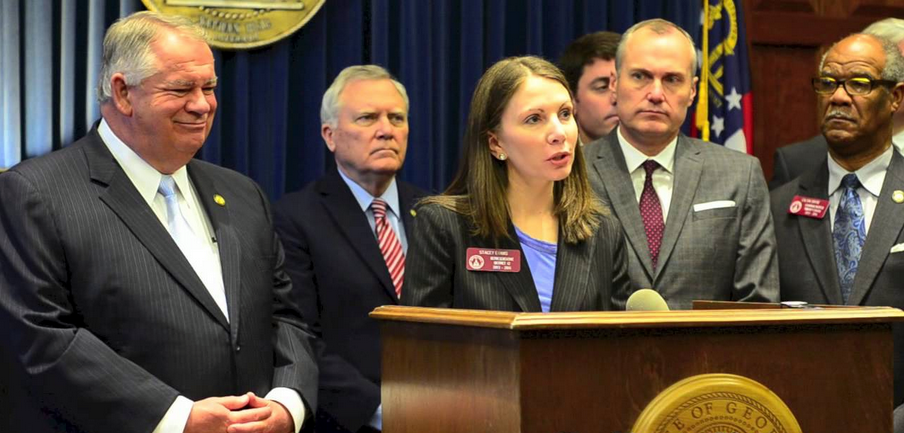 Georgia Rep. Stacey Evans (center) is pictured with former Georgia House Speaker David Ralston, former Gov. Nathan Deal, former Lt. Gov. Casey Cagle and Rep. Calvin Smyre in this undated photo.