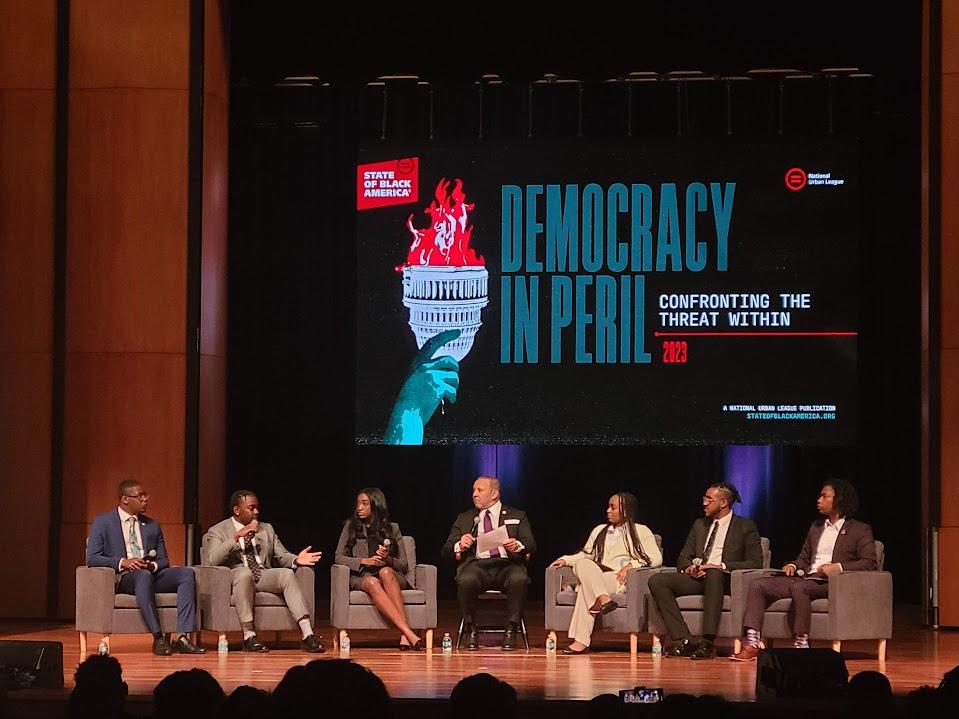 Students from the Atlanta University Center speak on a panel April 18, 2023 at the State of Black America event.