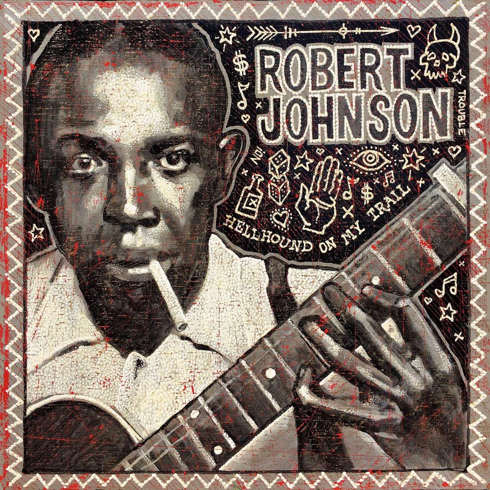 A painting of blues singer Robert Johnson 