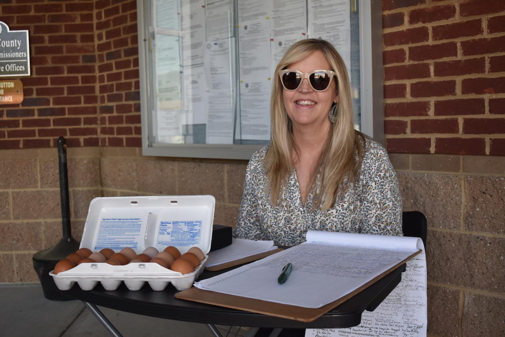 Chicken advocates brought a container of eggs from their backyard chickens to the Catoosa County Board of Commissioners meeting Tuesday, April 18, 2023.