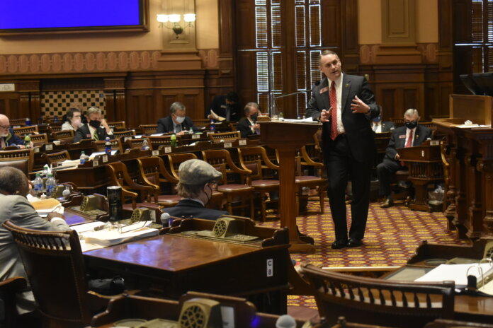 Acworth Republican Sen. Ed Setzler speaks in the House chamber in March 2021. Ross Williams/Georgia Recorder