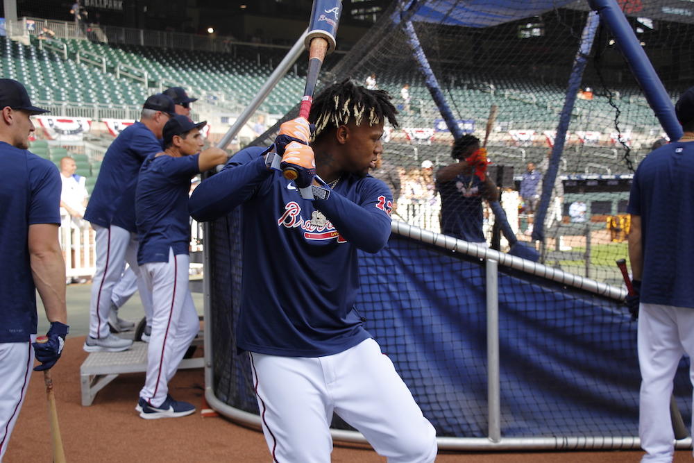 The temperature inside Truist Park is 84 degrees as Ronald Acuña, Jr. warms up before the Atlanta Braves home opener on the afternoon of April 6, 2023. The average high temperature for April in Atlanta normally ranges from  69 to 74 degrees. 