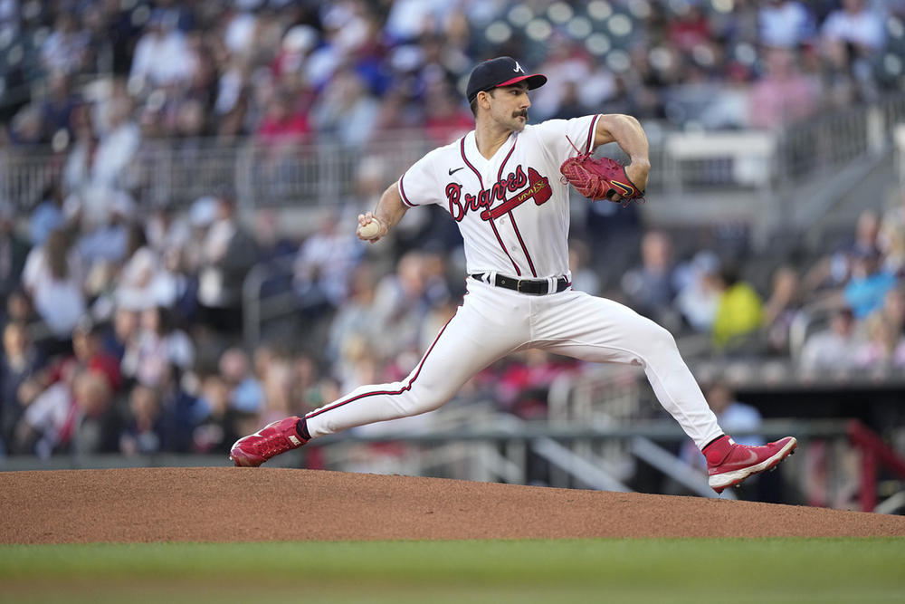 Atlanta Braves starting pitcher Spencer Strider delivers in the first inning of a baseball game against the Miami Marlins, Monday, April 24, 2023, in Atlanta. 