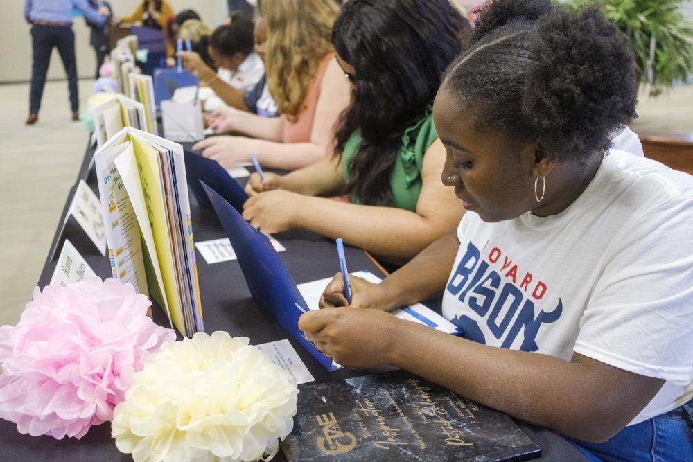 Heaven Upshaw-Peters, foreground, and the rest of the graduates in the Bibb County Teaching as a Profession program, during their Signing Day ceremony recently.