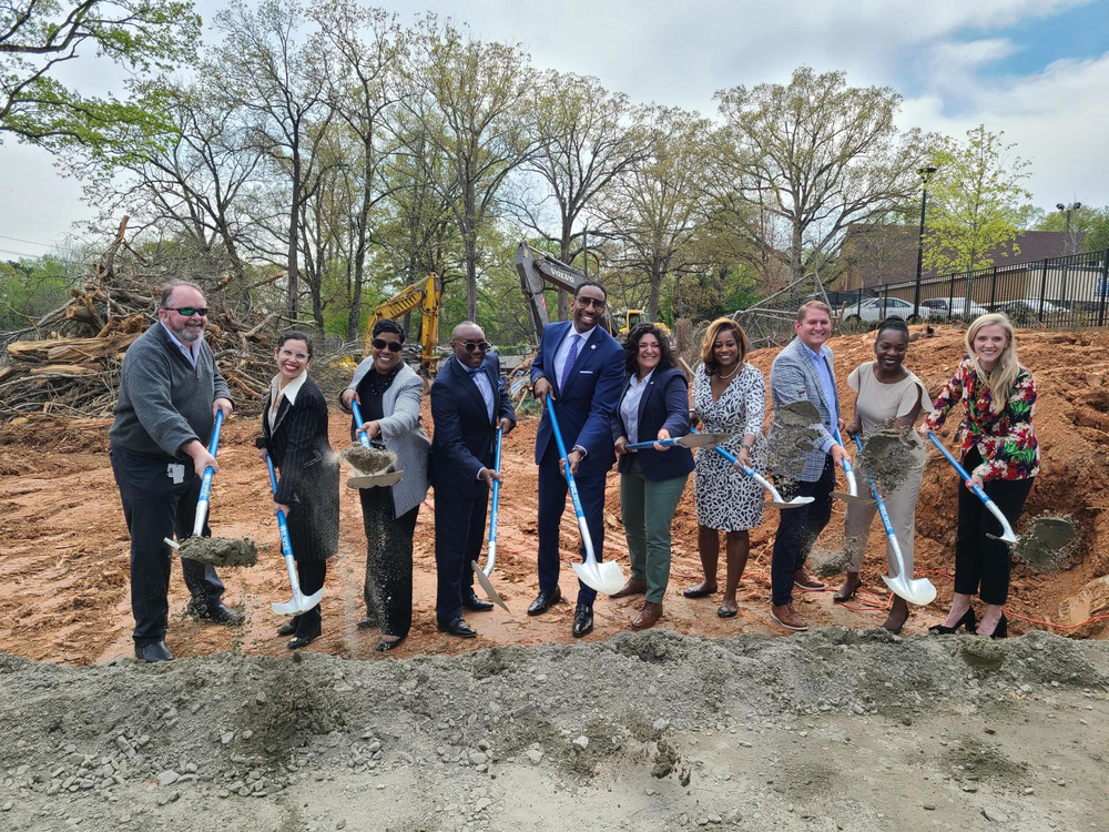 Dekalb and Fulton County officials join leaders an investors with the Atlanta Land Trust to break ground on 40 affordable townhomes March 29, 2023.