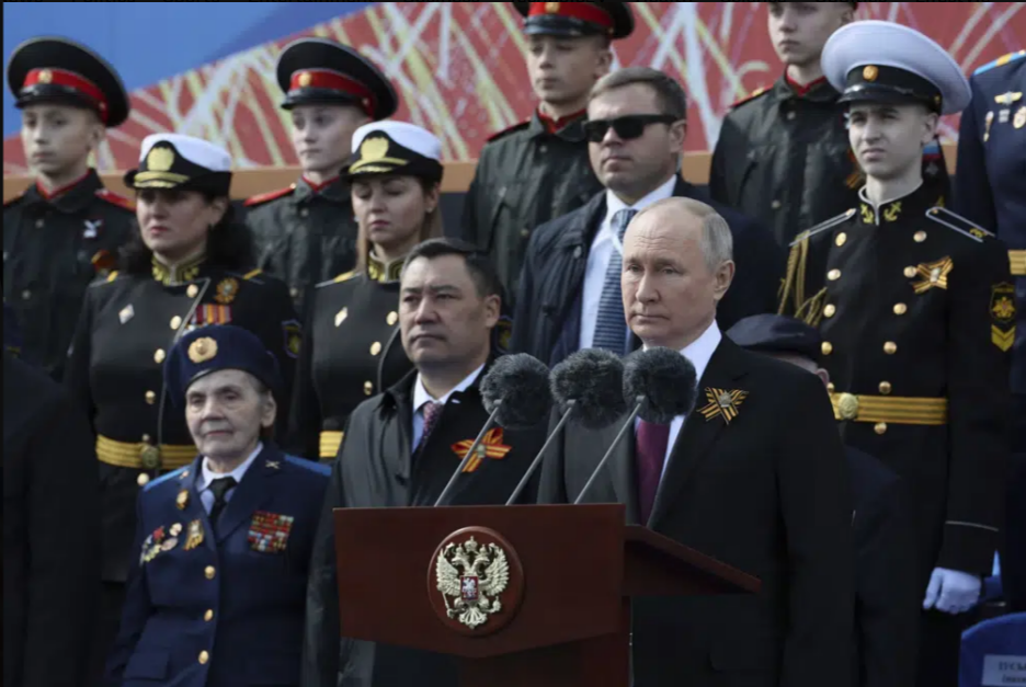 Russian President Vladimir Putin delivers his speech during the Victory Day military parade marking the 78th anniversary of the end of World War II in Red square in Moscow, Russia, Monday, May 9, 2022. (Gavriil Grigorov, Sputnik, Kremlin Pool Photo via AP)