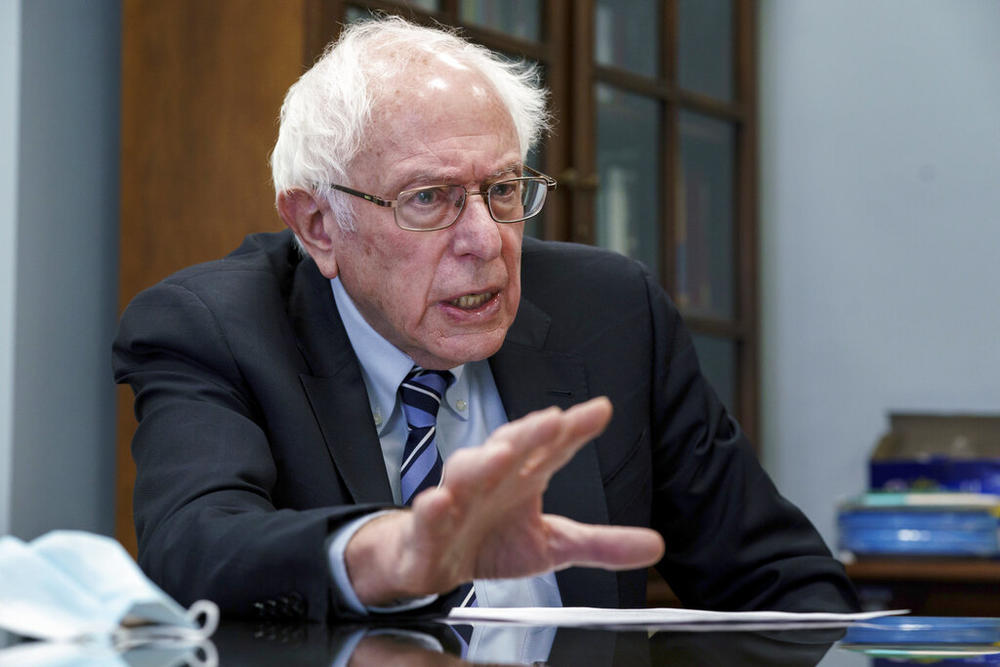 Sen. Bernie Sanders, I-Vt., outlines his priorities during an interview with The Associated Press in his Capitol Hill office, in Washington, Feb. 7, 2023. 