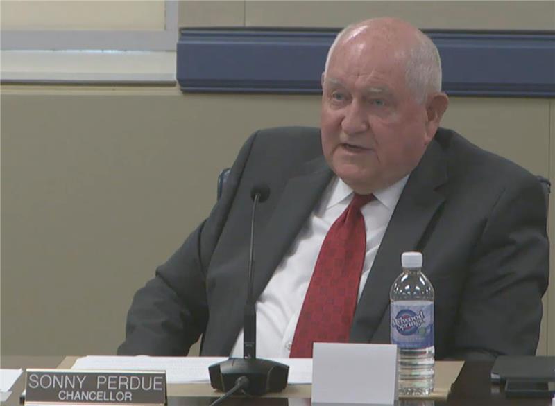 Sonny Perdue, former governor of Georgia and current chancellor of the Georgia Board of Regents, speaks in a Regents meeting via livestream on May 16, 2023.